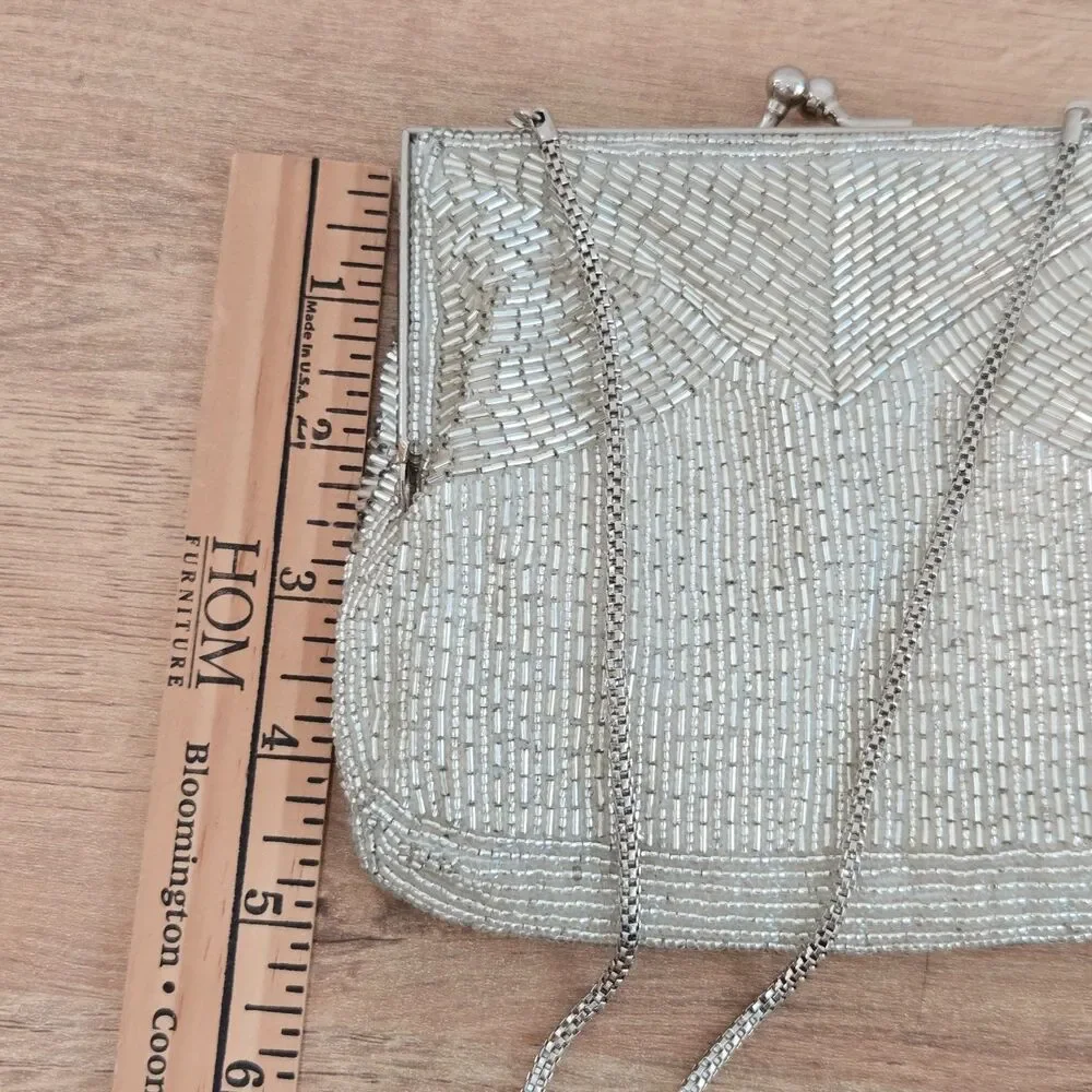 Vintage MAGID Beaded Evening Purse Clutch Silver Kiss Lock Chain Handmade Macau - Picture 7 of 9